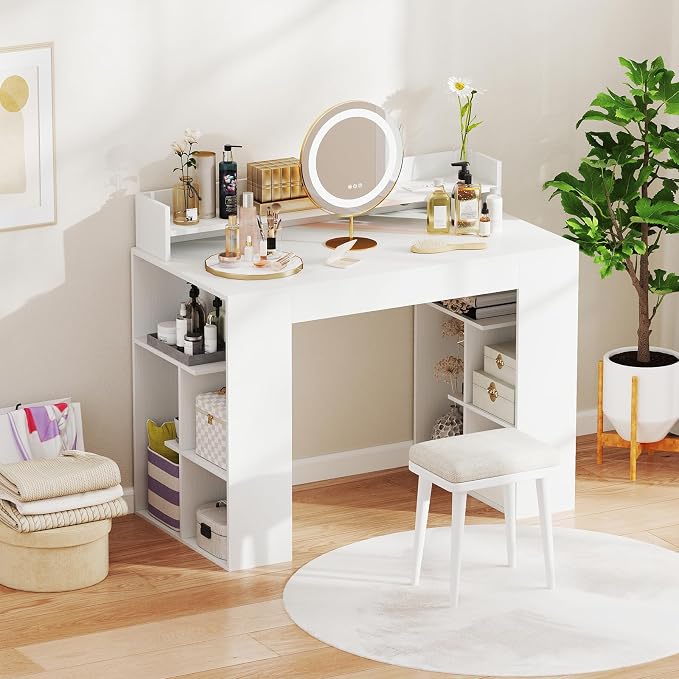 Giantex White Desk with Storage Shelves, 43" Home Office Computer Desk with Charging Station, Dual 3 Tier Bookshelf & Monitor Stand, PC Table Workstation, Modern Study Writing Desk for Bedroom, Dorm - Image 8