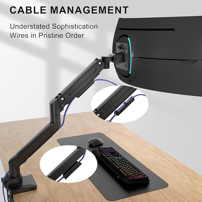 WALI Heavy Duty Single Monitor Arm for 13-49 inch 1000R Curved Screens, up to 44 Lbs, Adjustable Single Monitor Desk Mount with C-Clamp, Grommet Base, 75/100mm VESA Mount (GSM001XL), Black - Image 7