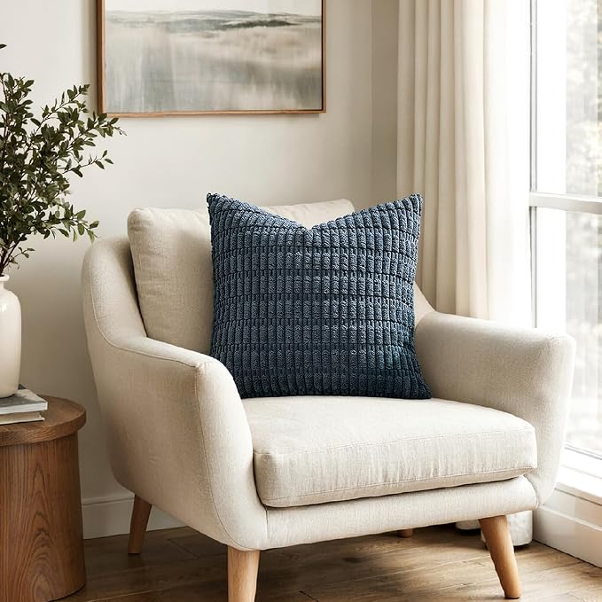 MIULEE Pack of 2 Corduroy Decorative Throw Pillow Covers 16x16 Inch Soft Boho Striped Pillow Covers Modern Farmhouse Home Decor for Summer Coastal Sofa Living Room Couch Bed Blue - Image 4