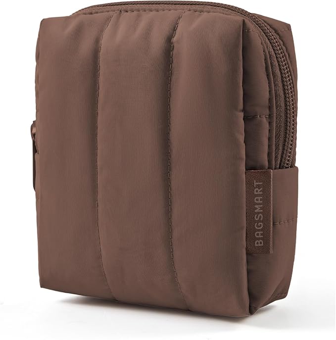 BAGSMART Small Makeup Bag for Women with Slip-in Pocket, Chocolate Brown | Zipper Pouch, For Purse, Toiletry Pouch, Puffy Padded Mini Cosmetics Bag, Travel Essentials, Cute Make Up Organizer by BAGSMART