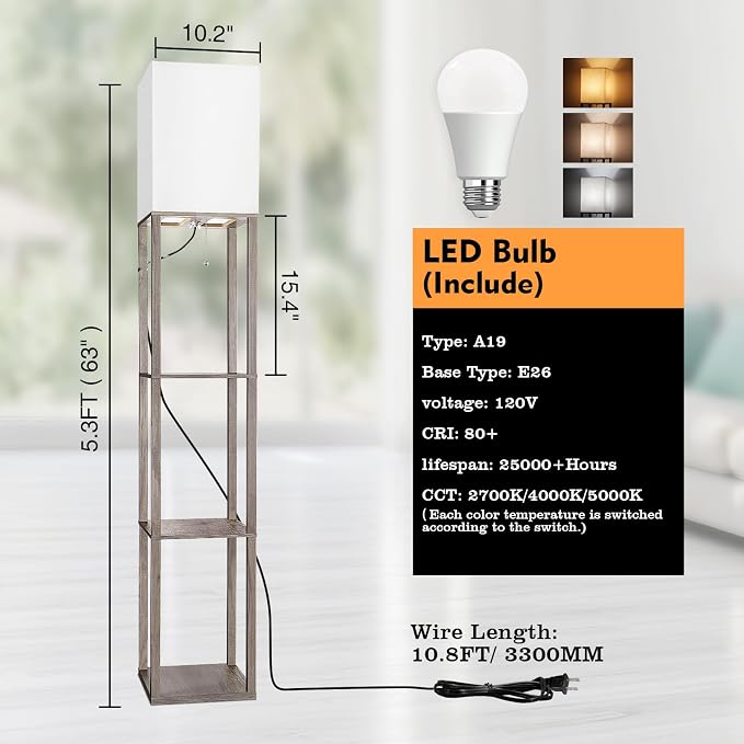 RUNTOP Floor Lamp with Shelves, Shelf Lamp with 3 Color Temperature LED Bulb,Lamps for Living Room, Standing Lamp Modern Tall Standing Light Display Shelf Floor Lamps for Bedroom, Office Home Decor - Image 4