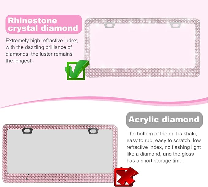 QUANQIUFEI 2 Pack Bling License Plate Frames for Women, Sparkly Rhinestone Diamond Car Accessories with Glitter Crystal Caps (Pink) - Image 3