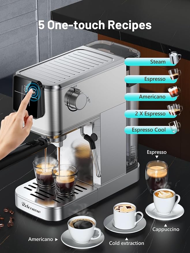 RELEXNOW Espresso Machine, 20 Bar Espresso Maker Milk Frother & LCD Panel, Hot & Iced Coffee Machine, Stainless Steel Espresso Coffee Machine with 41oz Water Tank for Cappuccino, Latte - Image 4