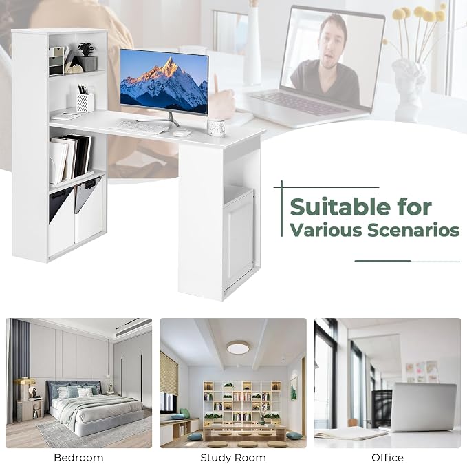 GRAFFY Computer Desk with 6 Storage Shelves - 48" Reversible Writing Desk Workstation with Bookshelf and CPU Stand, Modern Compact Office Desk for Bedroom, Study, Home, Office (White) - Image 8