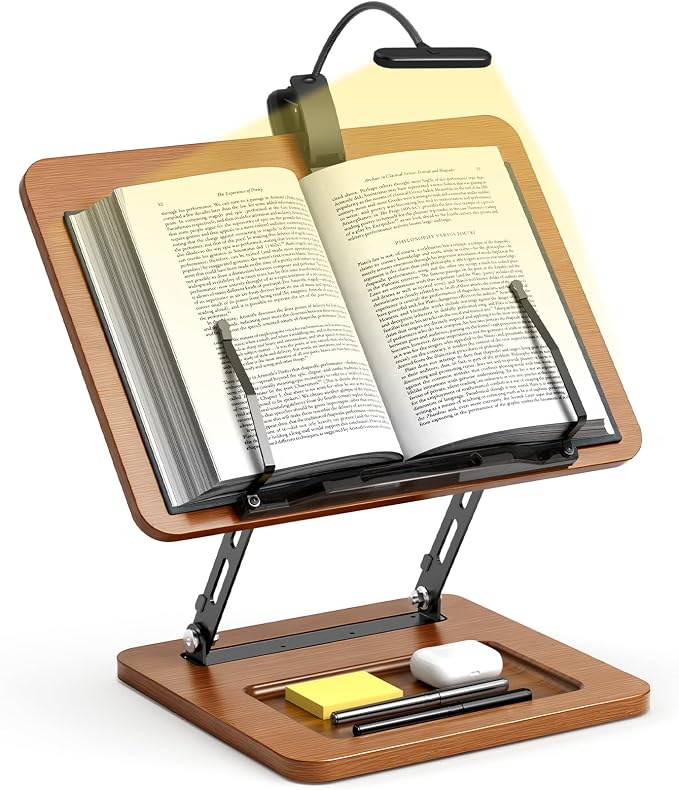 OPTIXCELL Book Stand with Light, Hands Free Book Holder, Gifts Book Lovers | Hands Free, Adjustable Height Angle, Built-in Storage Tray, 3-Mode Reading Light, Foldable Metal Frame, Fits Cookbook Tablet by OPTIXCELL