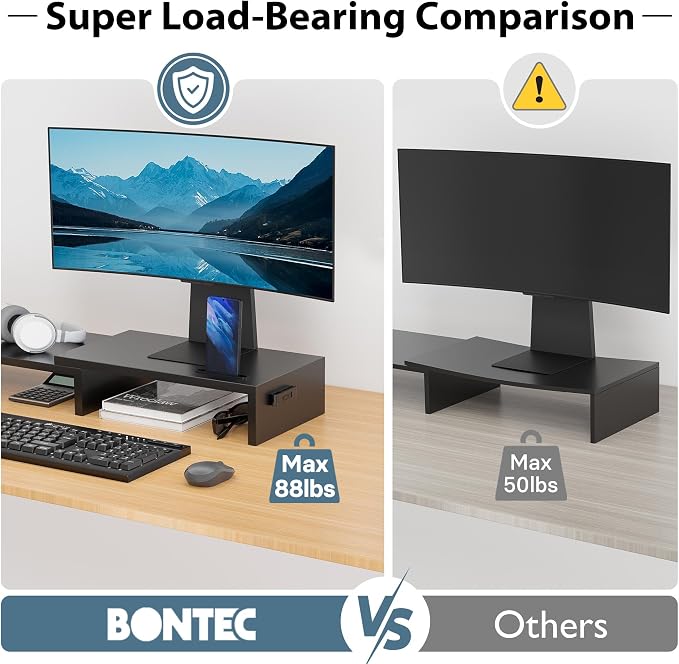 BONTEC Dual Monitor Stand Riser with Smartphone Holder, Adjustable Length & Swivel Angle, Ergonomic Wooden Desktop Organizer for PC Monitor, Laptop, Printer, Large Storage, 42.5 in, Black - Image 5