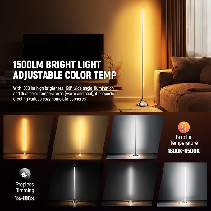 NEEWER Smart RGB IC W Floor Lamp, 1500lm LED Standing Corner Light Compatible with Alexa Google, APP Control/AI DIY/Music Sync/16 Million Colors, Ambience Lighting Bedroom Living Room Home Decor, NF01 - Image 4