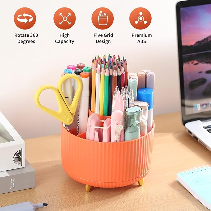 Desk Pencil Pen Holder, 5 Slots 360°Degree Rotating Pen Organizers for Desk, Desktop Storage Stationery Supplies Organizer, Cute Pencil Cup Pot for Office, School, Home, Art Supply, Orange - Image 2