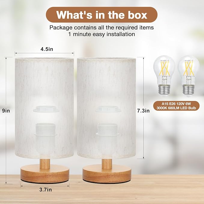 Fenmzee Small Lamps Set of 2 (Cream Shade - Wood Base, 9" Inline Control) | Two 3000K LED Blubs Included | 680 Lumens | Easy Assembly | Minimalist Design | E26 | for Kitchen | for Kids Room - Image 2