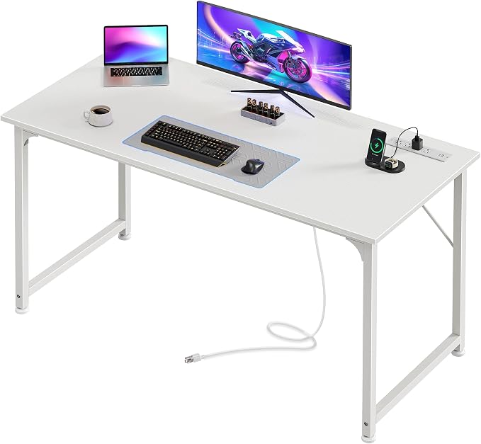 PRAISUN 47 X 20 Inch Computer Desk, Power Outlets, USB-C, White | Office Desk with 4 AC Outlets, USB & USB-C, Sturdy Metal Frame, Spacious Desktop for Work, Writing, Study & Gaming by PRAISUN