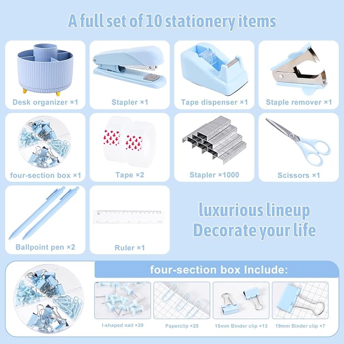 Gawsey Blue Desk Organizers and Accessories with Desk Organizer 360° Rotating Pen Holder and Office Supplies, Cute Stationery Supplies Set - Image 3