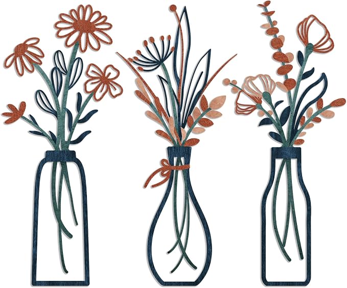 Pigort 3 Pieces Metal Flowers Wall Arts - Rustic Farmhouse Decor Minimalist Flower Wall Decors for Living room Bathroom Bedroom Dining Room-Housewarming Gifts by Artisinfiniteloveiseternaljustlikepi