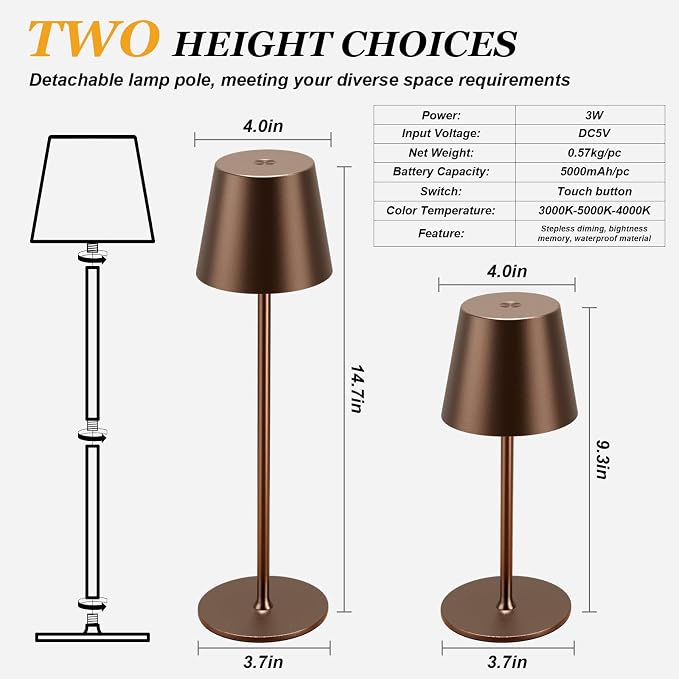 Cordless Table Lamp Rechargeable Brown - KK 2 Pack 5000mAH Battery Operated Lamp for Counter, 3 Color Stepless Dimming Wireless Lamp for Dining Table, Kitchen Counter, Outdoor Patio, Touch Control - Image 5
