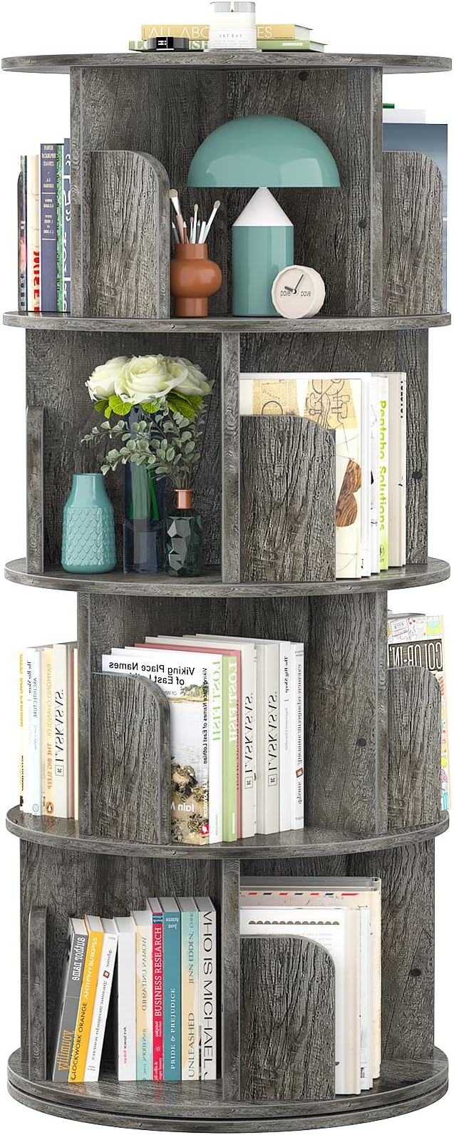 Aheaplus Rotating Bookshelf, 360 Display Corner Bookshelf for Small Space, 4 Tier Floor Standing Bookcase Storage Rack, Wood Narrow Book Shelf Organizer for Bedroom, Living Room, Study Room, Grey Oak by Aheaplus