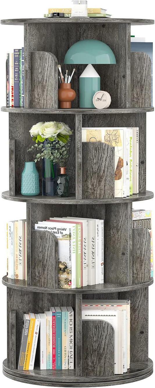 Aheaplus Rotating Bookshelf, 360 Display Corner Bookshelf for Small Space, 4 Tier Floor Standing Bookcase Storage Rack, Wood Narrow Book Shelf Organizer for Bedroom, Living Room, Study Room, Grey Oak by Aheaplus