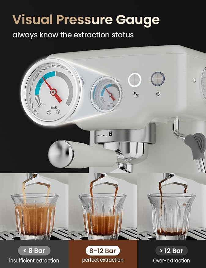 Neretva Stainless Steel Espresso Machine with Visible Pressure Guage-White | 15 Bar Professional Espresso Maker with Powerful Milk Frother and LED Display for Home Baristas to Make Latte, Cappuccino - Image 2