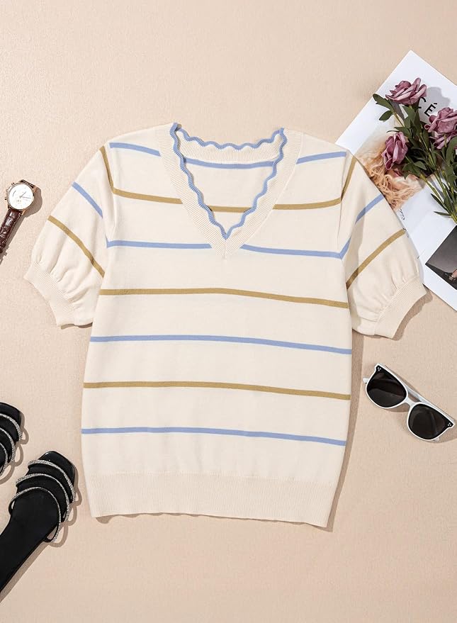 Dokotoo Womens Summer Short Sleeve Knit Tops 2026 Spring Trendy Casual V Neck Striped Sweater Blouses - Image 5