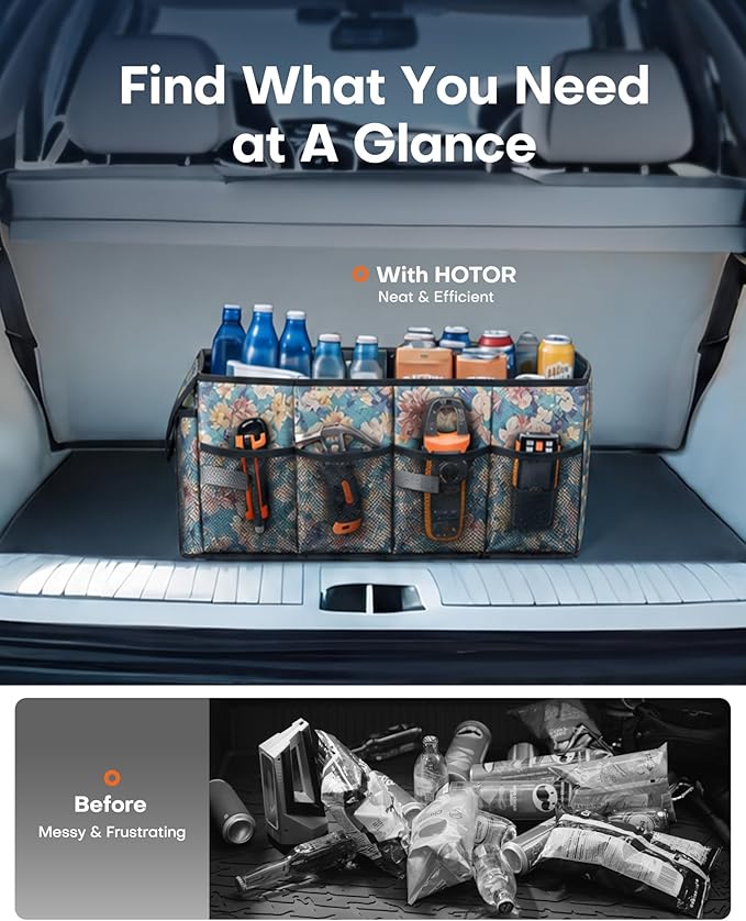 HOTOR Trunk Organizer- Car Organizer, Foldable Trunk organizer for SUVs & Sedans, Sturdy Car Organization for Car Accessories, Tools, Sundries, Blue Flower, 2 Compartments, 21.3"×12.6"×10.6" - Image 6