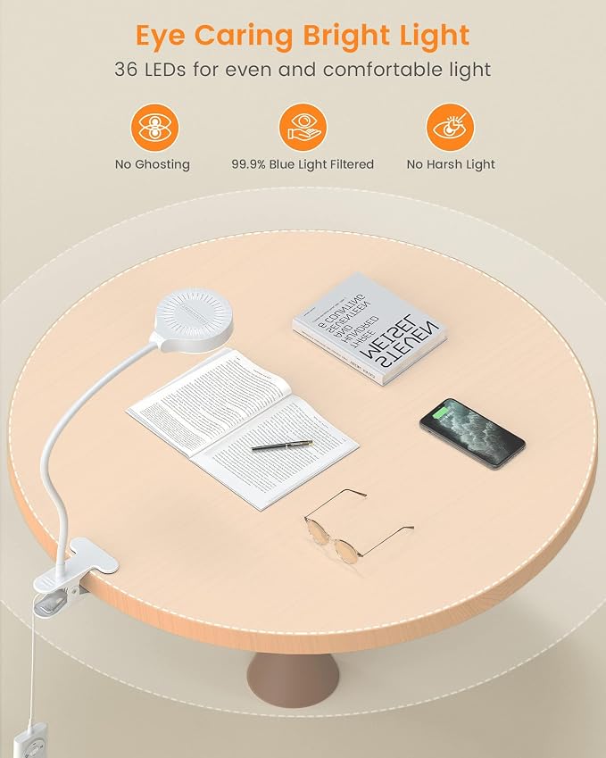 Glocusent 5W Desk Lamp with Remote, 3 Colors & 5 Brightness Reading Lights | Flexible Gooseneck Clip on Lamp, 30-Min Timer Reading Lamp, Perfect Clip on Light for Bunk,Bed,Headboard,Table,Work,Craft - Image 2