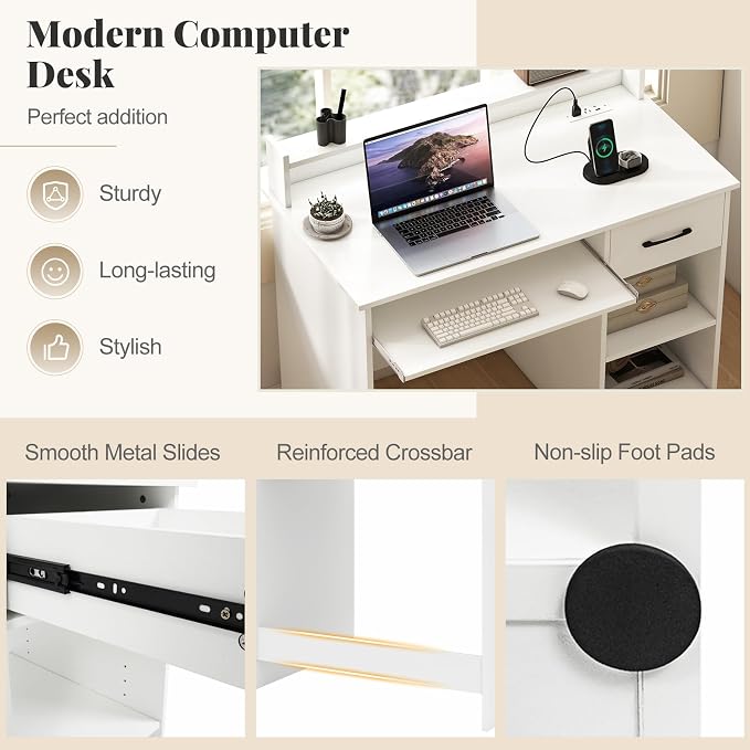 Giantex White Desk with Drawers, Modern Home Office Desk with Keyboard Tray, Monitor Stand & Adjustable Shelf, PC Laptop Table Computer Workstation, Study Writing Desk for Small Spaces, Bedroom - Image 8