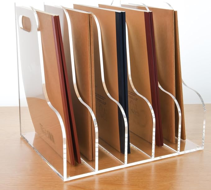 5 Vertical Compartments File Holder, Clear Acrylic Desk Organizer and Storage Bins Holding for Magazines, Binders, Notebooks, Envelopes, Multi-purpose Document Organizer for Home Office by AIMOLLYACRYLICSTORAGE