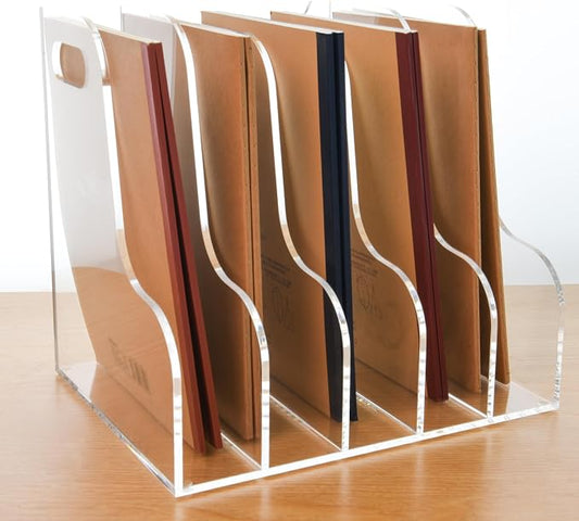 5 Vertical Compartments File Holder, Clear Acrylic Desk Organizer and Storage Bins Holding for Magazines, Binders, Notebooks, Envelopes, Multi-purpose Document Organizer for Home Office by AIMOLLYACRYLICSTORAGE