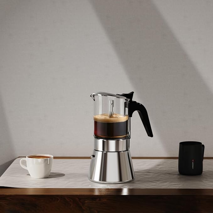 SIXAQUAE Moka Induction Stovetop Espresso Maker,Crystal Glass-top & Stainless Steel Espresso Moka Pot,Classic Italian coffee maker,240ml(6cup) - Image 4