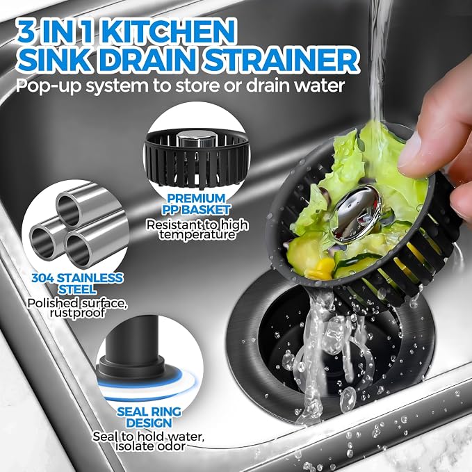 zaa 3 in 1 Kitchen Sink Drain Strainer Stopper Removable Basket Pop-Up | Kitchen Sink Accessories 1 Pack All Black Stainless - Food Catcher, Odor-Blocking Seal, Fits 3.5" Drain - Image 4