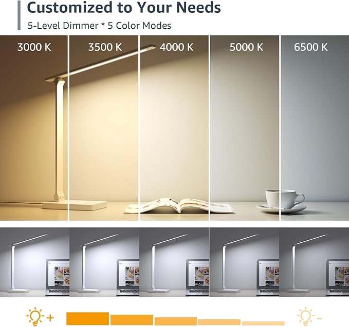 Lepro LED Desk Lamp 9.5W 800lm, Metal Desk Light for Home Office, White | 5 Colors 5 Brightness, Dimmable Task Light, Eye Caring, Home Office Desktop Lamp for Reading, Crafting, Sewing, Puzzle, Nail - Image 3