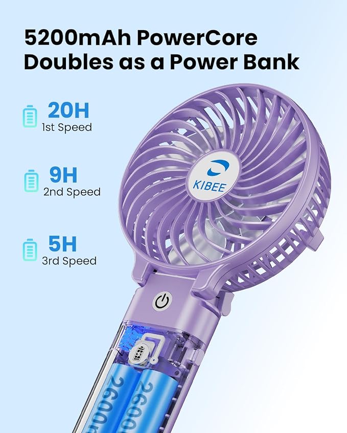 KIBEE Portable Handheld Fan, 5200mAh Rechargeable Mini Fan with Up to 20H Runtime, 180° Foldable Personal Fan, 3 Speeds, Desk Stand, Travel Essentials for Women, Concerts, Makeup, Camping, Purple - Image 3