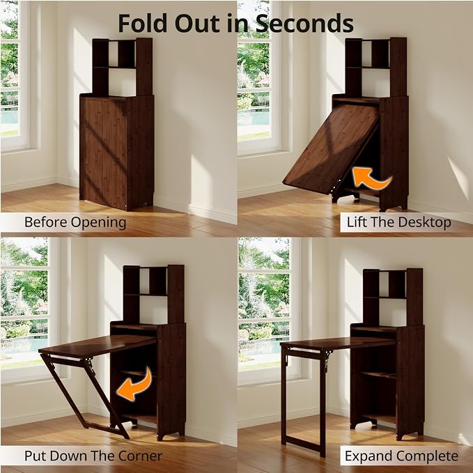 Bamboo Folding Desk with Bookshelf, Foldable Desk for Small Spaces, Brown | Space-Saving Computer Desk with Storage, Compact Size, Writing Study Table for Home Office, Bedroom, Dorm, Apartment - Image 7