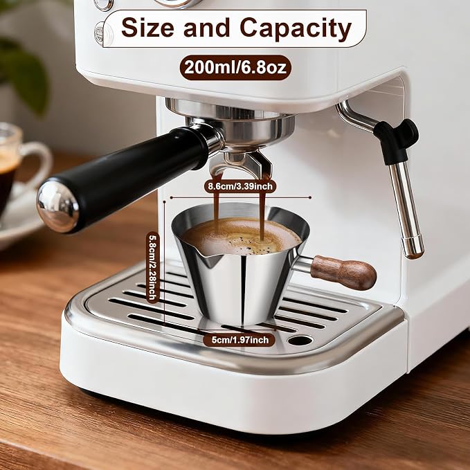 Amrules Espresso Cup, 6.8 oz/200 ml Stainless Steel Coffee Shot Measuring Cup with Wood Handle, Double V-Shaped Mouth and Clear Scale for Cappuccino Barista Coffee Bar Accessories, Silver - Image 2