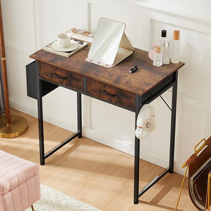 DUMOS 32-Inch Small Computer Desk with Drawers, Hook and Side Bag, Brown | Home Office Desk for Bedroom, Gaming Writing Study Desk with Adjustable Feet - Image 2