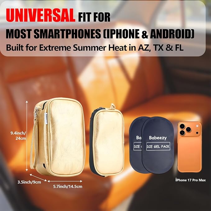 Car Phone Cooling Bag with 2 Ice Packs (Gold) – Active Thermal Pouch Prevents Overheating – Reflective Heat Shield Case for iPhone 17 Pro Max & Android –Essential Summer Work Gear - Image 5
