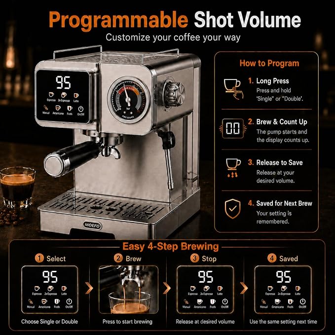 58mm Espresso Machine with Milk Frother, 20 Bar Semi-Automatic Coffee Maker, Visual Pressure Gauge & Touchscreen LCD Display, Professional Home Espresso Machine for Latte & Cappuccino, Silver - Image 3