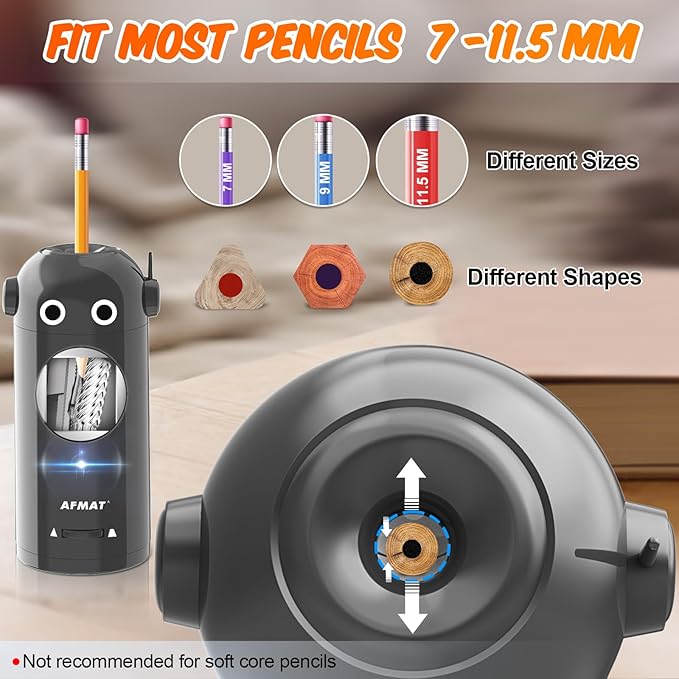 AFMAT Electric Pencil Sharpener for Colored Pencils 7-11.5mm, Fully Automatic Robot Pencil Sharpener, Auto in & Out, Rechargeable Hands-Free for Classroom/Home/Office, Battery Operated, PSX5RB, Gray - Image 3