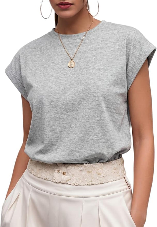 GRECERELLE Womens Summer Tops Cap Sleeve Crew Neck Basic T-Shirt | Everyday Casual Wear, Layering Friendly, Wrinkle-Resistant, Business Casual Ready, Lightweight & Packable, Capsule Wardrobe by GRECERELLE