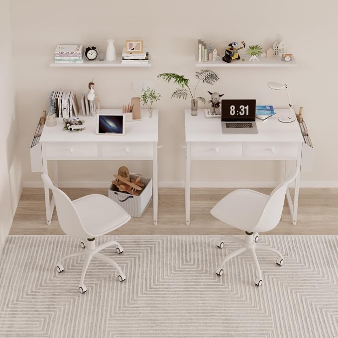 Lufeiya Small White Kids Desk with Drawers for Bedroom, 32 Inch Home Office Desks with Fabric Storage Drawer and Bag, Study Writing Vanity Table for Small Spaces, White - Image 6