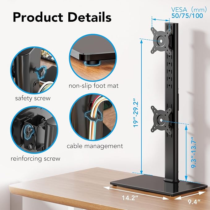 AX WABER Dual Monitor Stand Vertical Stack Screen Free-Standing Desk Mount Arm Riser Fits Two 13 to 34 Inch Computer Monitors with Swivel,Tilt, Height Adjustable,VESA Stand 100x100mm, 75x75mm AX05TB02 - Image 6
