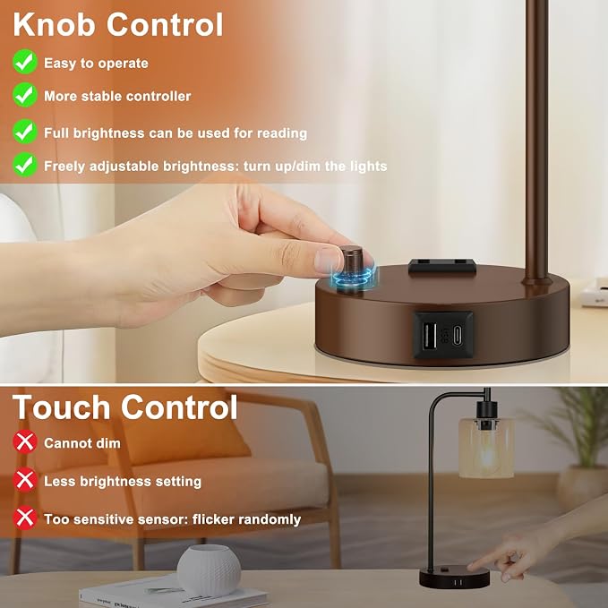 Innqoo Industrial Table Lamps for Bedrooms Set of 2 - Fully Dimmable Bedside Lamps with USB Ports and Outlet, Brown Nightstand Lamps with Glass Shade for Living Room, Desk Lamps for Office Reading - Image 4