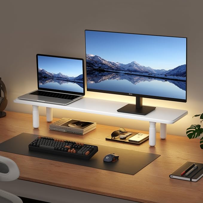 AFOOYO Dual Monitor Stand for Desk, Adjustable Height Wood Computer Riser, Ergonomic Monitor Shelf for Laptop, Printer, TV, Black - Large Storage Space, Sturdy Desk Organizer for Home & Office,White by AFOOYO