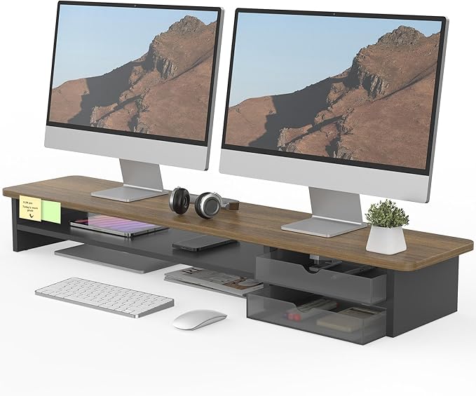 Fenge Monitor Stand, Dual Monitor Riser, 42.5inch Large Desk Computer Monitor Stand Riser with Drawer, 2 Tier Wood & Acrylic Desktop Organizer for Computer, Laptop, Printer, TV Screen Riser by Fenge