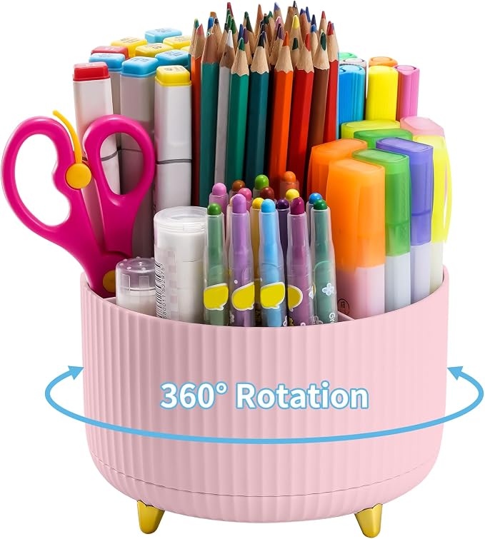 Marbrasse Desk Organizer, 360-Degree Rotating Pen Holder, Desk Organizers and Accessories with 5 Compartments Pencil Organizer, Art Supply Storage Box Caddy for Office, Home(Pink) by Marbrasse
