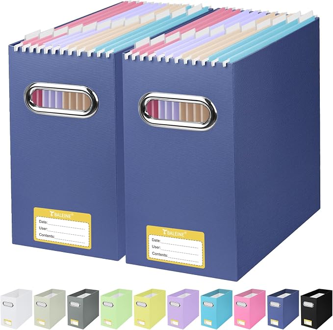 BALEINE File Organizer Box, Cardboard File Folder Organizer with Handle for Letter Size, Portable Collapsible Hanging Filing Box for Home Office Document Storage (2 Pack, Navy) by BALEINE