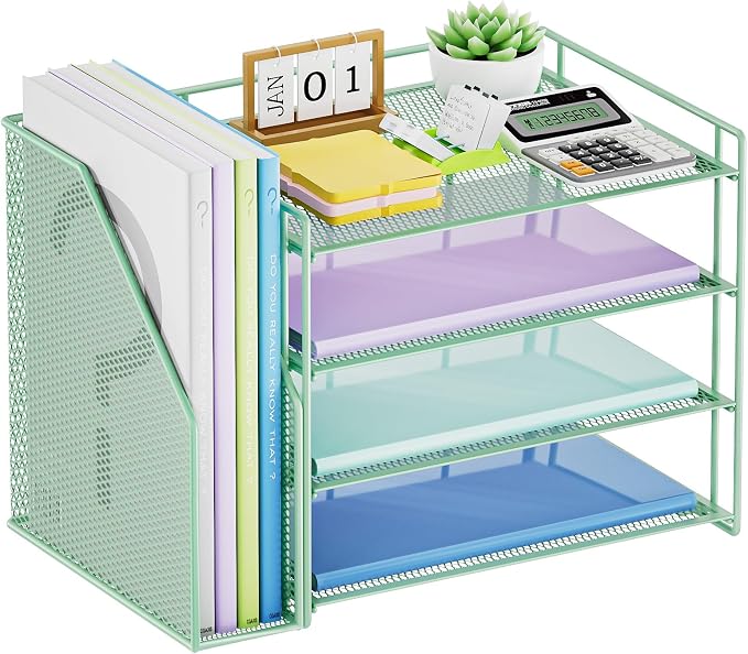 Marbrasse 4-Tier Paper Tray Organizer with File Holder, Green | Sturdy Paper Tray, Built-in File Holder, fits Letters/Docs, Saves Desk Space, for School/Office/Home by Marbrasse