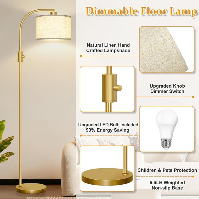 Nintiue Upgraded Modern Arc Dimmable Tall Standing Floor Lamp with Linen Shade, 1200 Lumens LED Bulb Included, for Living & Reading Room, Bedroom, Office & Nursery, Gold - Image 4