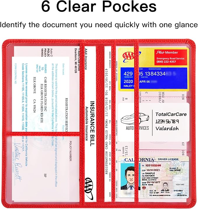 Valardoh Premium Car Registration and Insurance Card Holder, Car Document Holder for Cards, Driver License & other Essential Documents (Red) - Image 3