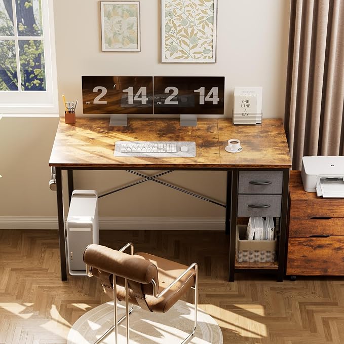 Sweetcrispy 40-Inch Computer Desk with Drawers, Office Desk, Brown | Small Desk for Bedroom Home Office with Side Hook, Modern Simple desk with storage for Writing - Image 2