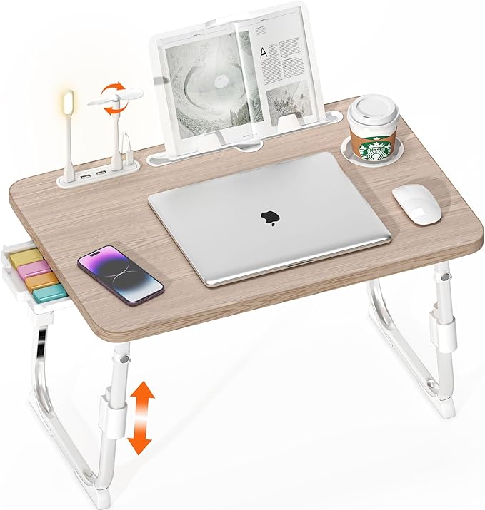 Lap Desk for Bed, Adjustable Laptop Desk with USB Charging Port, Storage Drawer & Bookshelf — Foldable Bed Desk for WFH & Students, 23.6" Desktop Fits 18" Laptop, Non-Slip, Glacier by PlayimaginationtodecorateHomeOffice