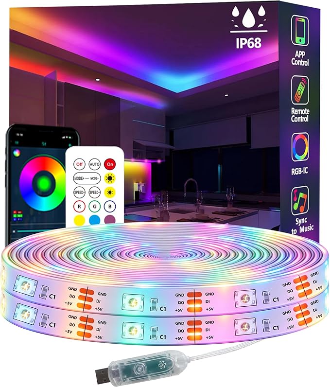 32.8FT Ws2812 RGB+IC LED Strip Lights IP68 Outdoor Waterproof, 5V USB Powered, Music Sync Bluetooth APP/RF Remote Control Lights for Balcony,Deck,Camping,Garden,Bedroom Decor by httpsmp